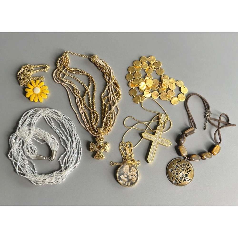 Necklace Lot of 7, Beaded Cross Sunflower Pendants Rhinestone Beaded Gold Tone